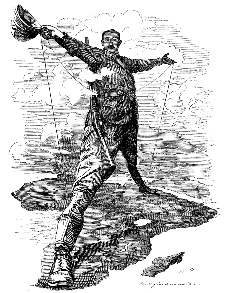 Caricatura de Cecil John Rhodes, colonizador britânico responsável pelo projeto de interligar uma linha de telégrafos entre a Cidade do Cabo e Cairo (Imagem: Wikimedia Commons)