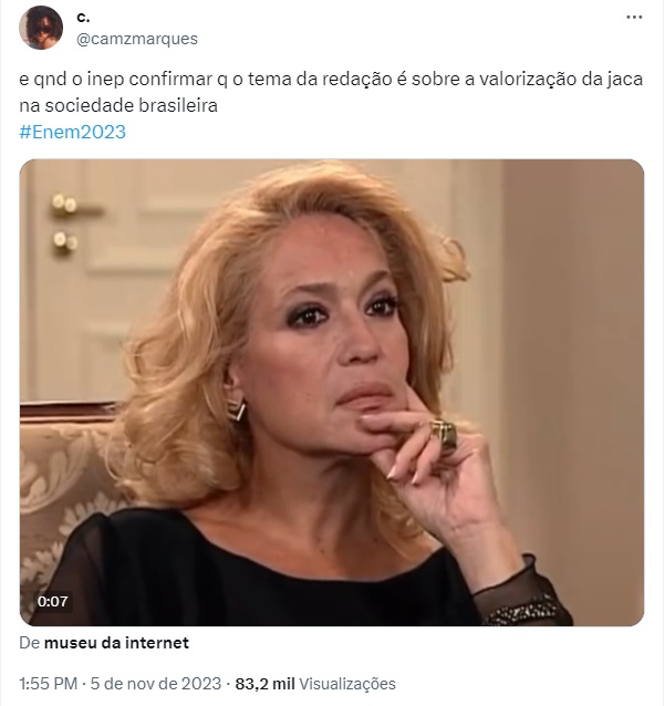 print de tweet questionando como será quando o Inep confirmar que o tema é sobre a valorização da jaca na sociedade brasileira e gif de suzana vieira pensando