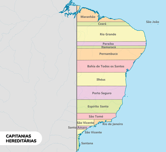 Mapa das capitanias hereditárias de 1534, descrevendo as primeiras capitais no litoral do Brasil. Do norte ao Sul, em ordem: Maranhão, Ceará, Rio Grande, Paraíba, Itamaracá, Pernambuco, Bahia de Todos os Santos, Ilhéus, Porto Seguro, Espírito Santo, São Tomé, São Vicente, Rio de Janeiro, Santo Amaro e Santana.