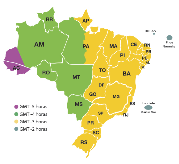 O Mapa do Brasil é dividido em quatro fusos horários. O fuso horário GMT -2 horas compreendem as ilhas de Fernando de Noronha, Trindade e Martin Vaz. O fuso horário GMT -3 horas compreende os estados do Rio Grande do Norte, Paraíba, Pernambuco, Alagoas, Sergipe, Ceará, Piauí, Maranhão, Amapá, Tocantins, Bahia, Goiás, Distrito Federal, Minas Gerais, Espírito Santo, Rio de Janeiro, São Paulo, Paraná, Santa Catarina, Rio Grande do Sul e metade do Pará. O fuso horário GMT -4 horas inclui metade do Pará, Mato Grosso, Mato Grosso do Sul, Rondônia, Roraima e grande parte do Amazonas. O GMT -5 horas compreende o Acre e uma pequena parte do Amazonas.