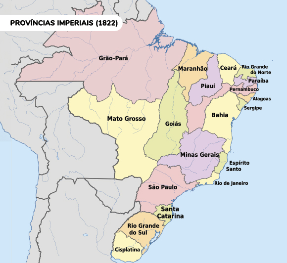 A ilustração mostra o mapa do Brasil de 1822, com províncias imperiais. São mostrados os estados do Grão-Pará, Mato Grosso, Maranhão, Goiás, Piauí, Ceará, Rio Grande do Norte, Paraíba, Pernambuco, Alagoas, Sergipe, Bahia, Minas Gerais, Espírito Santo, Rio de Janeiro, São Paulo, Santa Catarina, Rio Grande do Sul e a Cisplatina.