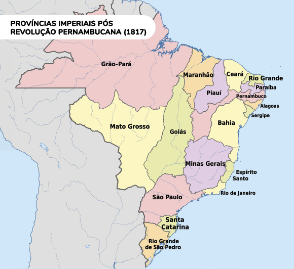 O mapa mostra o Brasil em 1817 com suas províncias imperiais após a Revolução Pernambucana. São descritos os estados do Grão-Pará, Mato Grosso, Maranhão, Goiás, Piauí, Ceará, Rio Grande, Paraíba, Pernambuco, Alagoas, Sergipe, Bahia, Minas Gerais, Espírito Santo, Rio de Janeiro, São Paulo, Santa Catarina e Rio Grande de São Pedro.