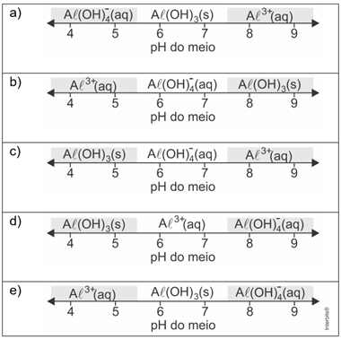 Alternativa A
Entre 3,5 e 5,5: Al(OH)-4(aq)
Entre 5,5 e 7,5: Al(OH)3(s)
Entre 7,5 9,5: Al3+(aq)
Alternativa B
Entre 3,5 e 5,5: Al3+(aq)
Entre 5,5 e 7,5: Al(OH)-4(aq)
Entre 7,5 9,5: Al(OH)3(s)
Alternativa C
Entre 3,5 e 5,5: Al(OH)3(s)
Entre 5,5 e 7,5: Al(OH)-4(aq)
Entre 7,5 9,5: Al3+(aq)
Alternativa D
Entre 3,5 e 5,5: Al(OH)3(s)
Entre 5,5 e 7,5: Al3+(aq)
Entre 7,5 9,5: Al(OH)-4(aq)
Alternativa E
Entre 3,5 e 5,5: Al3+(aq)
Entre 5,5 e 7,5: Al(OH)3(s)
Entre 7,5 9,5: Al(OH)-4(aq)