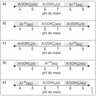 Alternativa A
Entre 3,5 e 5,5: Al(OH)-4(aq)
Entre 5,5 e 7,5: Al(OH)3(s)
Entre 7,5 9,5: Al3+(aq)

Alternativa B
Entre 3,5 e 5,5: Al3+(aq)
Entre 5,5 e 7,5: Al(OH)-4(aq)
Entre 7,5 9,5: Al(OH)3(s)

Alternativa C
Entre 3,5 e 5,5: Al(OH)3(s)
Entre 5,5 e 7,5: Al(OH)-4(aq)
Entre 7,5 9,5: Al3+(aq)

Alternativa D
Entre 3,5 e 5,5: Al(OH)3(s)
Entre 5,5 e 7,5: Al3+(aq)
Entre 7,5 9,5: Al(OH)-4(aq)

Alternativa E
Entre 3,5 e 5,5: Al3+(aq)
Entre 5,5 e 7,5: Al(OH)3(s)
Entre 7,5 9,5: Al(OH)-4(aq)