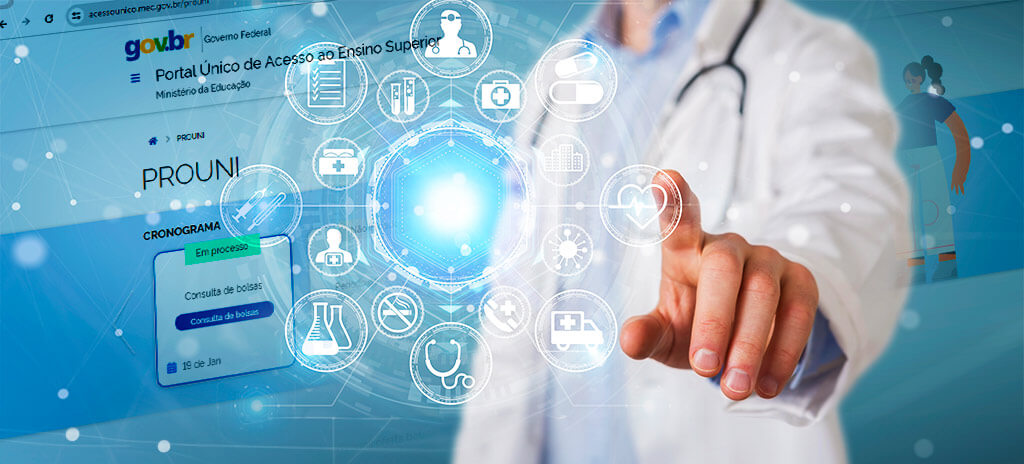 Montagem com imagem do site do ProUni ao fundo e médico de jaleco aparecendo na frente para representar o ProUni Medicina