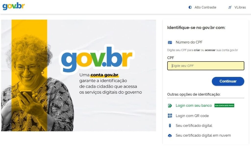 Tela de login da conta gov.br para preencher com CPF e clicar no botão Continuar