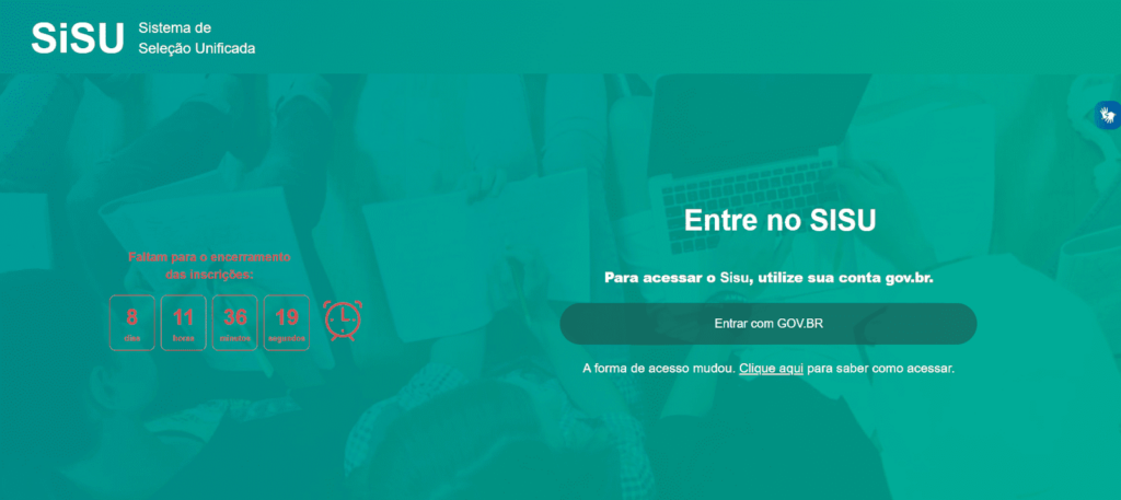 Página inicial de inscrição do site do SiSU indicando que, para acessar o sistema, é preciso utilizar a conta gov.br. Clique no botão entrar com gov.br