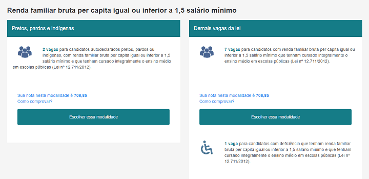 Tela das ações afirmativas, mostrando a quantidades de vagas disponíveis para pretos, pardos e indígenas, e demais vagas da lei. É possível visualizar sua nota nesta modalidade e clicar em como comprovar para checar os documentos exigidos