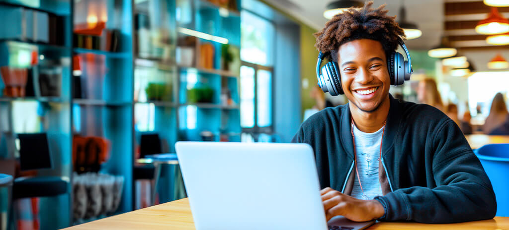 Jovem sorridente usando fones de ouvido enquanto pesquisa como fazer inscrição no SiSU em um laptop sentado em uma biblioteca colorida e moderna