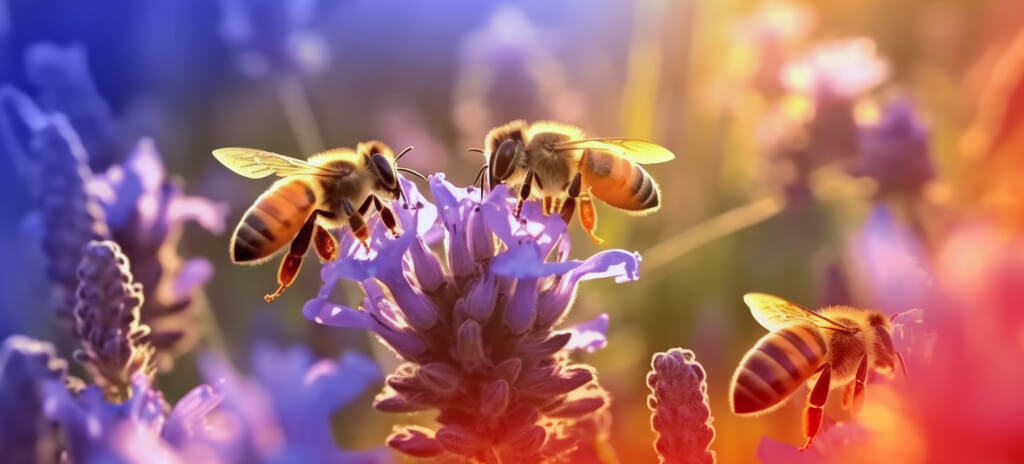 Duas abelhas pousando em flor extraindo o pólen representando relações ecológicas
