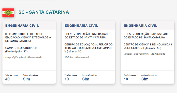 Tela mostrando três exemplos de curso de Engenharia Civil em Santa Catarina. A primeira opção é IFSC, a segunda opção mostrada é Udesc matutino, e a terceira opção é Udesc Integral