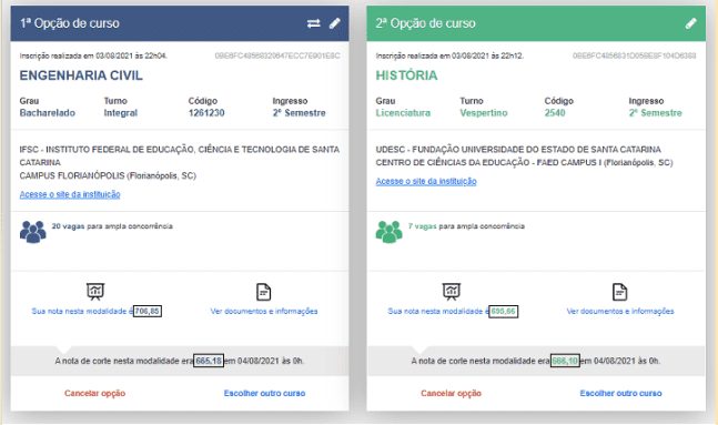 A tela mostra as duas opções de curso selecionadas no SiSU