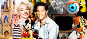 Ilustração representando símbolos da indústria cultural, como Disney, Barbie, Mickey, Marilyn Monroe, Elvis Presley, BBB, Adorno e Horkheimer, Monalisa em formato de Simpsons, Lego e Mônica da Turma da Mônica