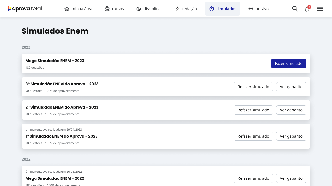Captura de tela dos simulados aplicados no Aprova Total, elaborado com questões do Enem e vestibulares.