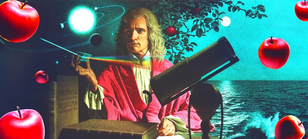 Ilustração de Isaac Newton com imagens de um telescópios, planetas, livros e maçãs representando Leis de Newton