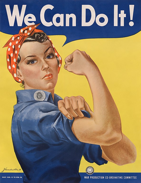Cartaz We Can Do It com mulher mostrando os músculos do branco, vestindo bandana vermelha e camisa jeans