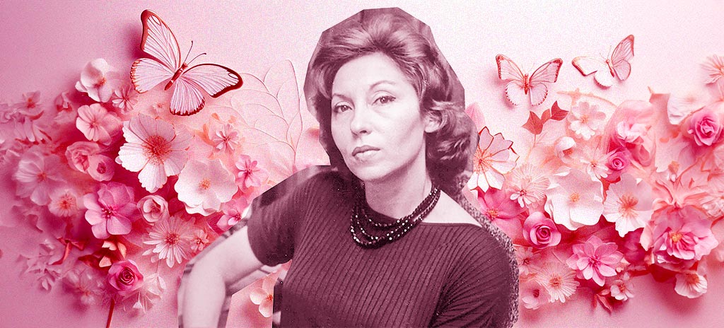 Foto de Clarice Lispector com flores e borboletas rosas ao fundo