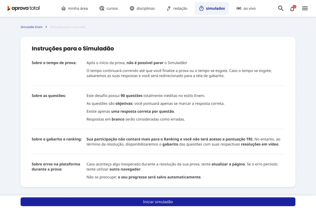 Captura de tela dos simulados aplicados no Aprova Total, elaborado com questões do Enem e vestibulares.