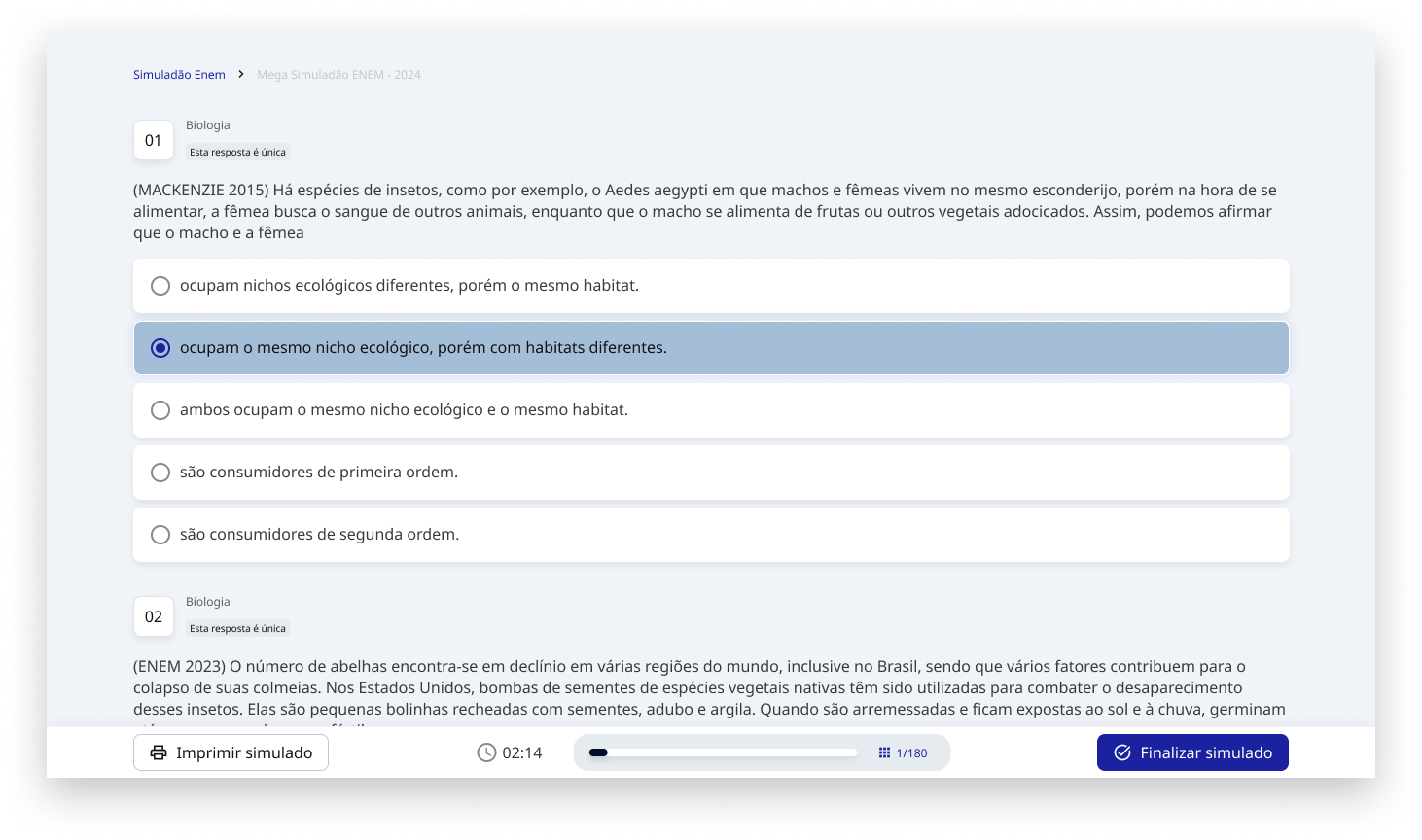 Captura de tela dos simulados aplicados no Aprova Total, elaborado com questões do Enem e vestibulares.