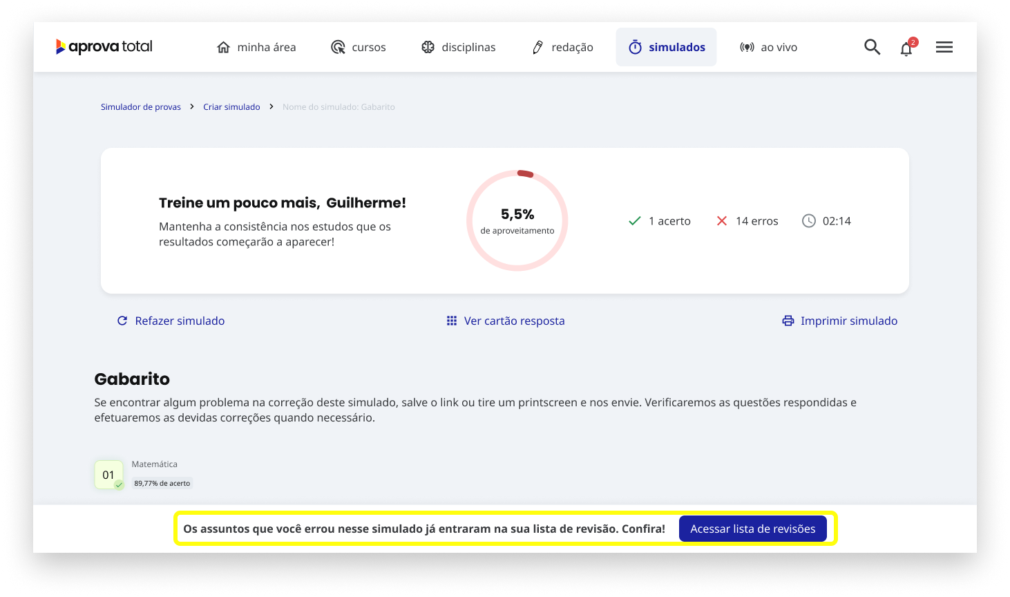 Captura de tela dos simulados aplicados no Aprova Total, elaborado com questões do Enem e vestibulares.