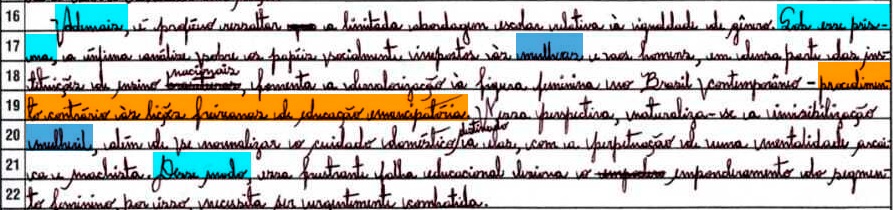 Segundo parágrafo de desenvolvimento da redação nota mil do Enem 2023: Ademais, é propício ressaltar a limitada abordagem escolar relativa à igualdade de gênero. Sob esse prisma, a ínfima análise sobre os papéis socialmente impostos às mulheres e aos homens, em densa parte das instituições de ensino nacionais, fomenta a desvalorização à figura feminina no Brasil contemporâneo - procedimento contrário às lições freireanas de educação emancipatória. Nessa perspectiva, naturaliza-se a invisibilização mulheril, além de se normalizar o cuidado doméstico destinado a elas, com a perpetuação de uma mentalidade arcaica e machista. Desse modo, essa frustrante falha educacional lesiona o empoderamento do segmento feminino, por isso, necessita ser urgentemente combatida.