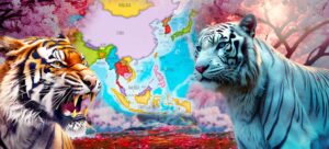 montagem mostra mapa do leste asiático e tigres que representam os tigres asiáticos