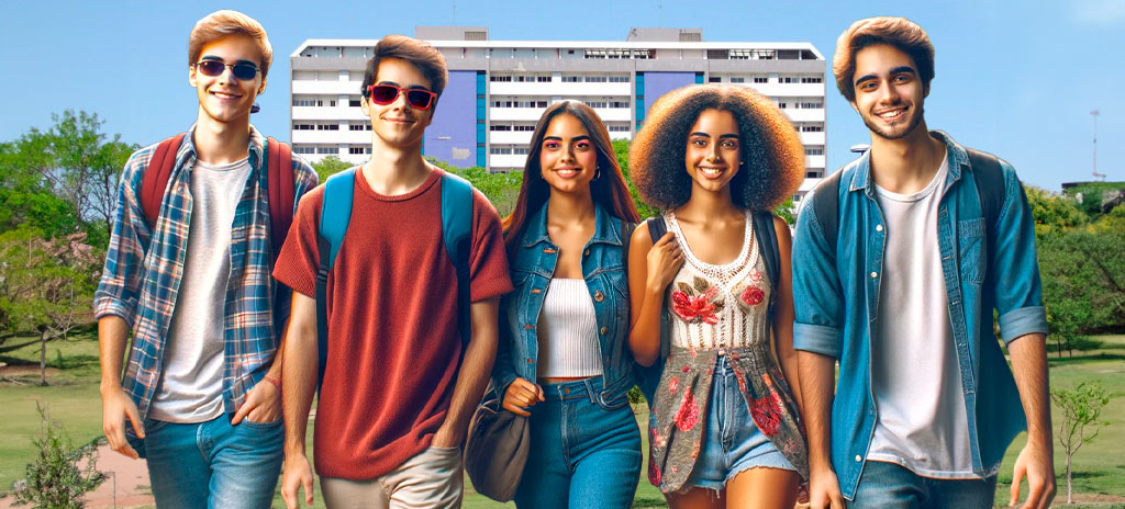 Cinco alunos adolescentes andando em frente ao prédio da USP em Bauru após serem aprovados na Fuvest 2025