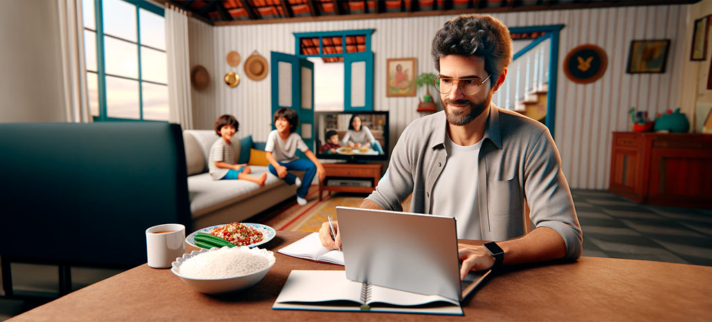 Homem com mais de 40 anos em sala de estudar com notebook em cima da mesa estudando para vestibular e dois filhos pequenos atrás sentados no sofá assistindo televisão representando como voltar a estudar