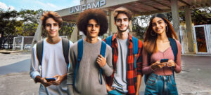 Quatro jovens estudantes sorridentes em frente ao portão da Unicamp, representando a entrada para o vestibular da Unicamp 2025.