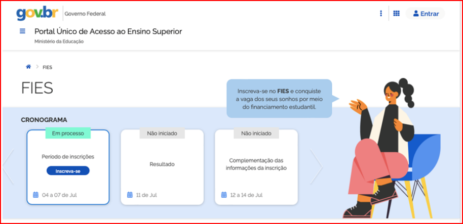 Interface do site do Fies com o cronograma e etapas detalhadas para o processo seletivo