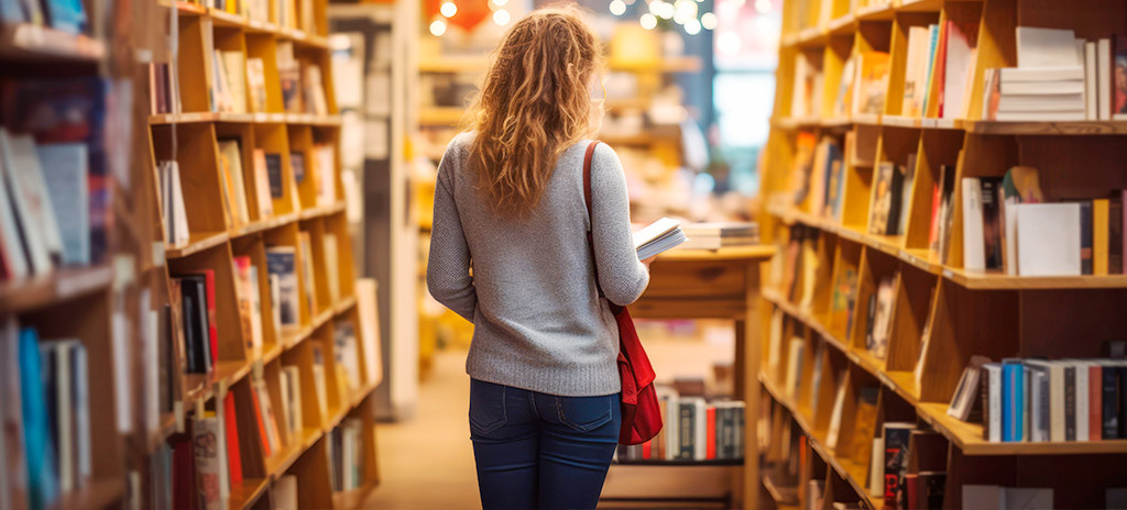 Mulher andando em biblioteca mostrando relação com literatura no Enem