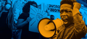 Montagem de menino negro falando em megafone em destaque e mulheres negras com cartazes do movimento negro ao fundo