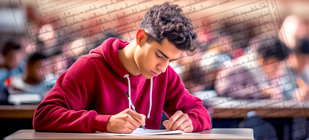 jovem escrevendo redação em sala de aula