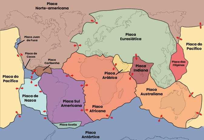 Mapa com as principais placas tectônicas