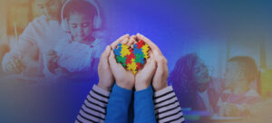 Mãos segurando um coração feito de peças de quebra-cabeça coloridas com imagens de uma criança desenhando e uma mulher interagindo com um menino, simbolizando a conscientização sobre o autismo.