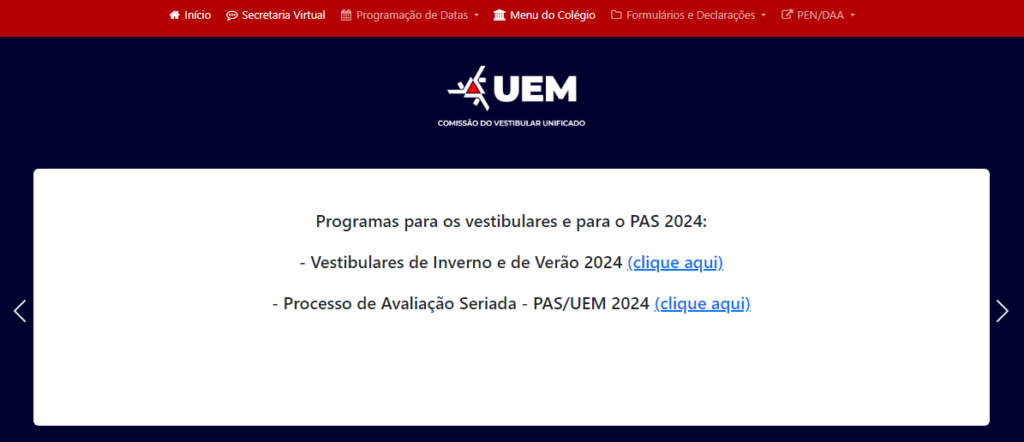 Captura de tela do site oficial de inscrições para o vestibular da UEM