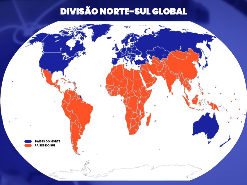 A Nova Ordem Mundial tinha se fragmentava entre países desenvolvidos, em azul, e em desenvolvimento, em vermelho