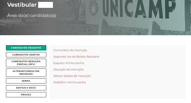 Captura de tela do site oficial de inscrições para o vestibular da Unicamp