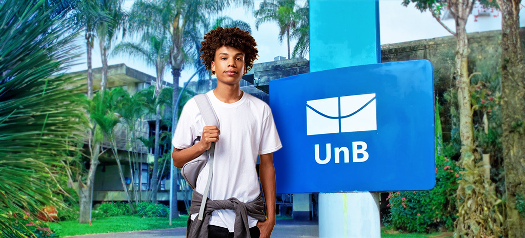 Imagem de estudante sentindo-se determinado a prestar o vestibular da UnB em frente a um campus da universidade