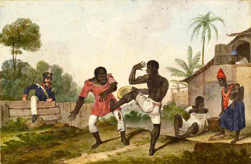 Negros lutando um jogo ilegal de capoeira no Rio de Janeiro representada pelo inglês Augustus Earle, em 1824