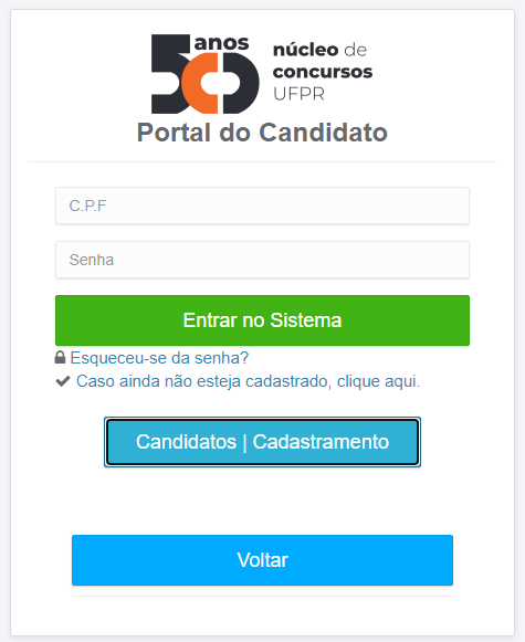 Captura de tela do site oficial de inscrições para o vestibular da UFPR