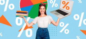 garota segurando computador e livros em meio a símbolos de porcentagem