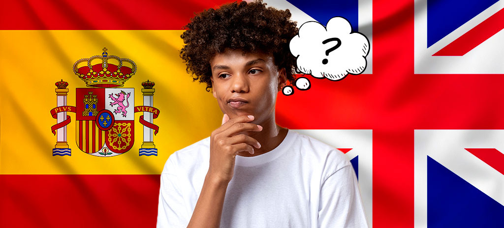 bandeiras simbolizando o inglês e o espanhol e estudante em dúvida ao centro