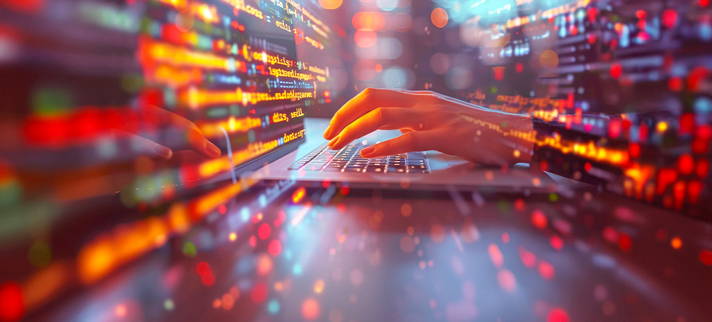 Pessoa utilizando um laptop em uma mesa com luzes digitais coloridas ao fundo, simbolizando códigos de programação em Ciências de Dados