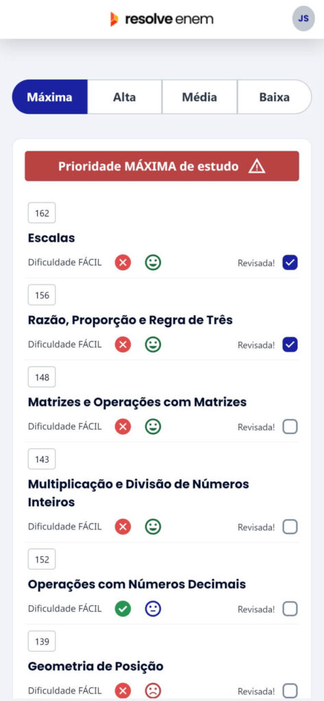 Tela do aplicativo Resolve Enem mostrando desempenho do usuário na resolução de provas do Enem de anos anteriores