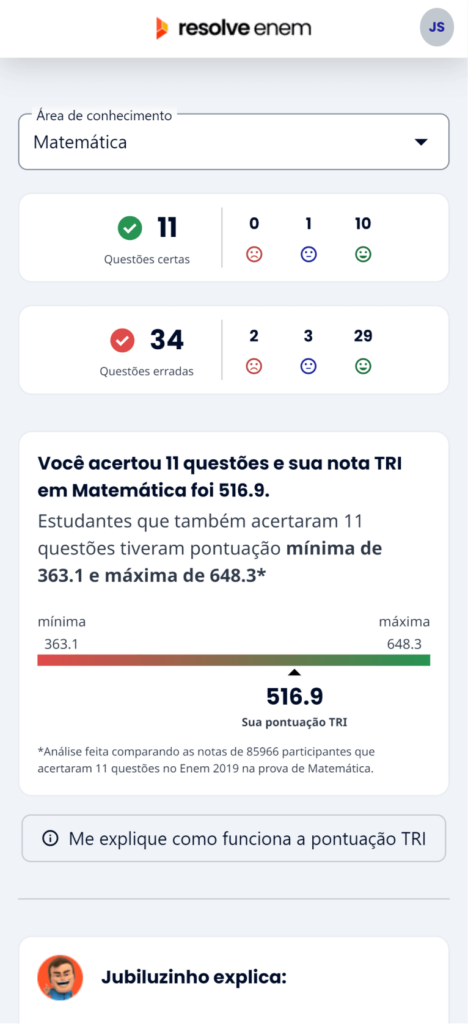 Tela do cálculo de TRI do Resolve Enem