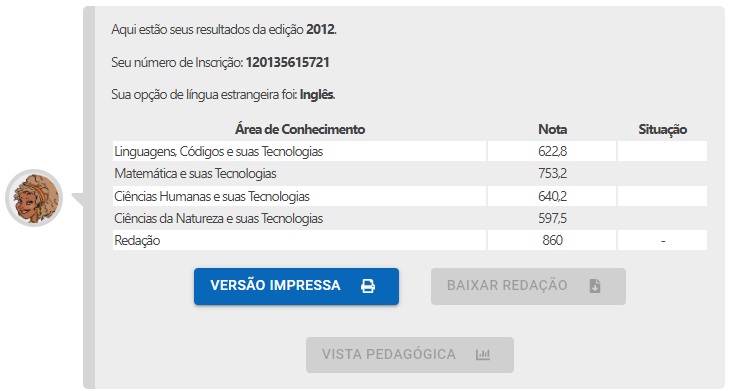 Informações de resultado do Enem 2012. Estão listados o ano da prova, o número de inscrição, a opção de língua estrangeira e as notas por áreas de conhecimento