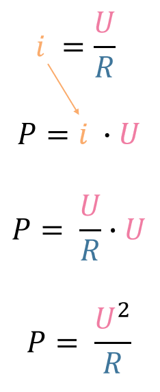 Fórmulas de potência elétrica e resistor de i igual u sobre r transformada em p igual u elevado ao quadrado sobre R