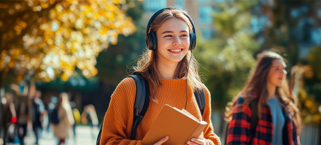 jovem geração z lendo com fone de ouvido
