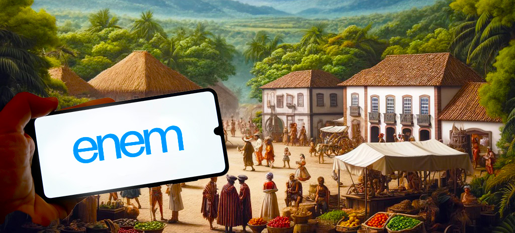 ilustração mostrando brasil colônia e montagem com tela de celular